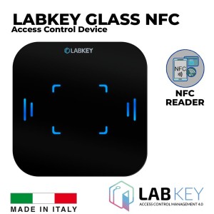 NFC Reader Access Control Command Device with Tempered Glass Design and Colored Light Point. Glass NFC Reader for Central Access Control Made in Italy by LabKey. The classic and reliable option with a touch of class.