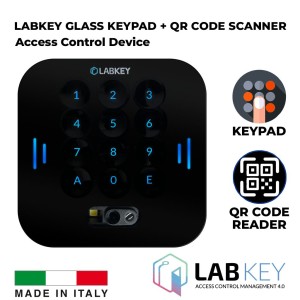 Keypad and QR-Code Scanner Command Device with Tempered Glass Design, Featuring a 12-key Alphanumeric Keypad with Backlit Touch Screen Keys. Combined Solution QR-Code Scanner and Keypad for Central Access Control Made in Italy by LabKey. The classic and reliable option with a touch of class.