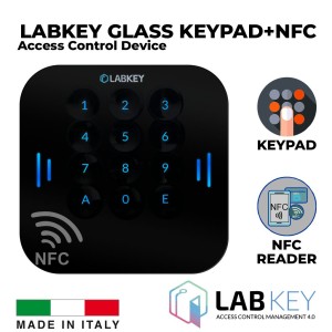 Keypad and NFC Reader Command Device with Tempered Glass Design, featuring a 12-key Alphanumeric Keypad with Backlit Touch Screen Keys. Combined Solution NFC Reader and Keypad for Central Access Control Made in Italy by LabKey. The classic and reliable option with a touch of class.