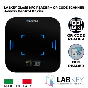 NFC Reader and QR-Code Scanner Access Control Command Device with Tempered Glass Design and Colored Light Point. Combined Solution QR-Code Scanner and NFC Reader for Central Access Control Made in Italy by LabKey. The classic and reliable option with a touch of class.