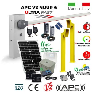Solar Powered Off Grid Boom Barrier / Boom Gate / Parking Barrier, Car Parking Access Control APC V2 NUUR 6, Universal Boom Gate Ultra High-Speed 24V DC, 6 Meter Barrier Made in Italy, 60W Solar Panel, 17ah Dual Battery, Uno All in One Standalone Solar System, Remote Controls, Gooseneck Pedestals, Keypads with EM Card Reader