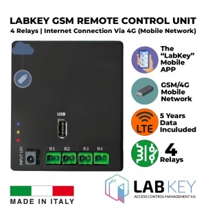 Stand-alone GSM/4G Mobile Network Advanced Access Control and Management With 4 Relays. Designed to manage up to 4 access points. Mobile Application Remote Control With a Virtual Keypad. Integrated LTE SIM (Mobile Network) for Internet Connection for 5 Years (mobile data connectivity is included in the package). An administration account for the advanced cloud-based access management tool is included. Also, it is possible to connect via Wi-Fi. Made in Italy by LabKey.