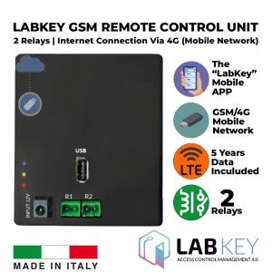 Stand-alone GSM/4G Mobile Network Advanced Access Control and Management With 2 Relays. Designed to manage up to 2 access points. Mobile Application Remote Control With a Virtual Keypad. Integrated LTE SIM (Mobile Network) for Internet Connection for 5 Years (mobile data connectivity is included in the package). An administration account for the advanced cloud-based access management tool is included. Also, it is possible to connect via Wi-Fi. Made in Italy by LabKey.