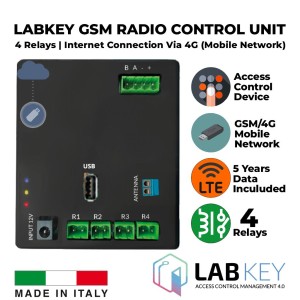 Stand-alone GSM/4G Mobile Network Advanced Access Control and Management With 4 Relays and a Radio Module for Wireless Connection. Designed to be paired with up to 8 control devices and manage up to 4 access points. Integrated LTE SIM (Mobile Network) for Internet Connection for 5 Years (mobile data connectivity is included in the package). An administration account for the advanced cloud-based access management tool is included. Also, it is possible to connect via Wi-Fi. Made in Italy by LabKey.