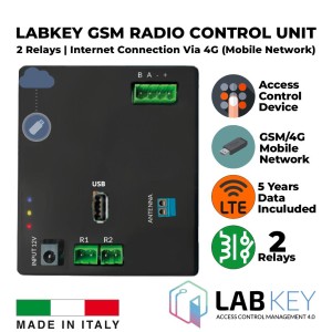 Stand-alone GSM/4G Mobile Network Advanced Access Control and Management With 2 Relays and a Radio Module for Wireless Connection. Designed to be paired with up to 4 control devices and manage up to 2 access points. Integrated LTE SIM (Mobile Network) for Internet Connection for 5 Years (mobile data connectivity is included in the package). An administration account for the advanced cloud-based access management tool is included. Also, it is possible to connect via Wi-Fi. Made in Italy by LabKey.