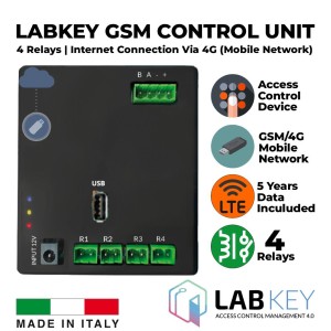 Stand-alone GSM/4G Mobile Network Advanced Access Control and Management With 4 Relays. Designed to be paired with a maximum of 8 control devices, capable of managing up to 4 access points. Integrated LTE SIM (Mobile Network) for Internet Connection for 5 Years (mobile data connectivity is included in the package). An administration account for the advanced cloud-based access management tool is included. Also, it is possible to connect via Wi-Fi. Made in Italy by LabKey.