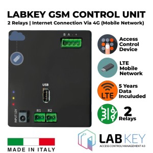 Advanced Access Control and Management With The LabKey GSM/4G Mobile Network Control Unit Features Two Relays. It can be connected with up to four control devices, managing up to two access points. Featuring cloud management via LTE mobile network (SIM Card and 5 Years Data Included).