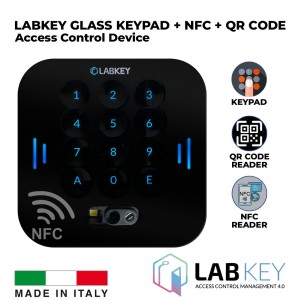Keypad, QR-Code Scanner and NFC Reader Command Device with 72x72x25 mm Tempered Glass Design. Featuring a 12-key Alphanumeric Keypad with Backlit Touch Screen Keys. Combined Solution NFC Reader, QR-Code Scanner and Keypad for Central Access Control Made in Italy by LabKey. The classic and reliable option with a touch of class.