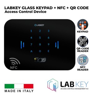 Keypad, QR-Code Scanner and NFC Reader Command Device with 95x125x80 mm Tempered Glass Design. Featuring a 12-key Alphanumeric Keypad with Backlit Touch Screen Keys. Combined Solution NFC Reader, QR-Code Scanner and Keypad for Central Access Control Made in Italy by LabKey. The classic and reliable option with a touch of class.