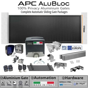 4m Aluminium Sliding Gate Combo with Vertical Slat Privacy Gate (1.75m H), Heavy Duty Italian 500kg Automatic Sliding Gate Opener and Premium European Hardware Kit.
