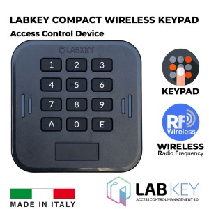 Labkey Compact Wireless Keypad Control Device With a 12-key Alphanumeric Keypad Featuring Pressure-Sensitive Keys. Made in Italy. Smart-sized dimensions 72 x 72 x 25 mm. Its durability and user-friendly keypad design make it easy to install in both modern settings and existing structures. Works with Access Control Units with Radio Module for Wireless Connection.