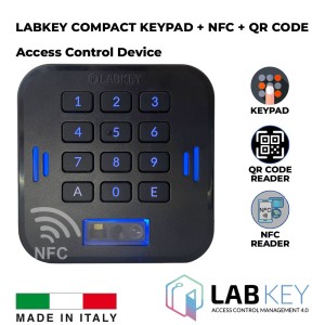 Keypad, QR Code Scanner, and NFC Reader Command Device With a 12-key Alphanumeric Keypad Featuring Backlit Pressure-Sensitive Keys. Made in Italy. Smart-sized dimensions 72 x 72 x 25 mm. Its durability and user-friendly Keypad, QR Code Scanner, and NFC Reader design make it easy to install in both modern settings and existing structures.