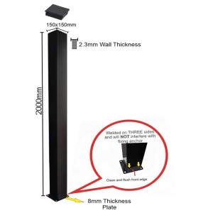 150x150x2000mm Post With Bolt Down Base Plate | Satin Black Powdercoated
