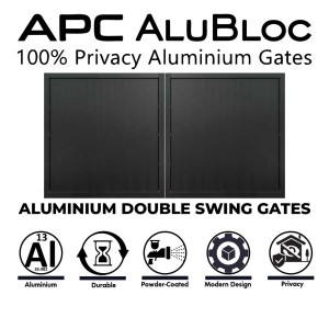 APC AluBloc 3m Double Swing Aluminium Fully Welded Gate ( No Flat Pack) - Two pieces 1.5m(Width) X 1.75m(Height) Aluminium Vertical Slat Privacy Gates | Step into a new era of privacy with AluBloc Aluminium Gates. AluBloc aluminium gates are expertly engineered for total visual privacy of property, crafted for durability, and designed to leave a lasting impression.