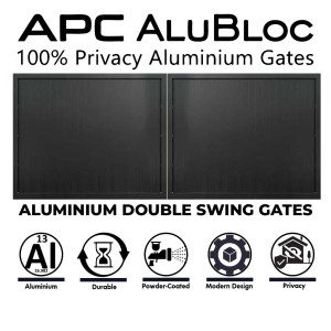 APC AluBloc 4.5m Double Swing Aluminium Gate - 2x2.25m(Width)x1.75m(Height) Aluminium Vertical Slat Privacy Gates | Fully Welded Gate ( No Flat Pack) | Step into a new era of privacy with AluBloc Aluminium Gates. AluBloc aluminium gates are expertly engineered for total visual privacy of property, crafted for durability, and designed to leave a lasting impression.