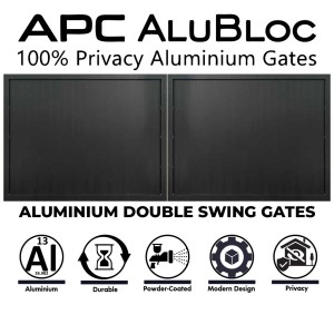 APC AluBloc 5m Double Swing Aluminium Fully Welded Gates ( No Flat Pack) - Two pices 2.5m(Width) X 1.75m(Height) Aluminium Vertical Slat Privacy Gate | Step into a new era of privacy with AluBloc Aluminium Gates. AluBloc aluminium gates are expertly engineered for total visual privacy of property, crafted for durability, and designed to leave a lasting impression.