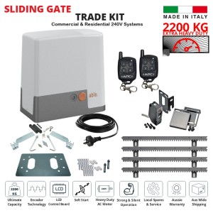 Sliding Gate Opener Trade Kit with Italian-Made Extra Heavy Duty APC-Able 2200kg Capacity Sliding Gate Motor, Two Remote Controls, Gear Racks and Safety Sensor. 230V 50Hz AC Powered, Reversible, Electromechanical, Magnetic Limit Switch, 2200KG Strong Driveway Gate Motor, Automatic Sliding Gate Automation Kit.