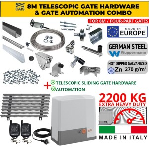 8m Complete Telescopic Sliding Gate Hardware for Four-Part Driveway Sliding Gate and Gate Automation Combo | Extra Heavy Duty Italian Made Sliding Gate Automation with 2200KG Capacity 230V AC Powered Strong Sliding Gate Motor and 8m Complete Telescopic Sliding Gate Installation Kit for Four-Part Driveway, Hot Dip Galvanised German Steel Sliding Gate Telescopic Hardware Set Made in Europe by CAIS [SHORTBACK QUA 8.0]