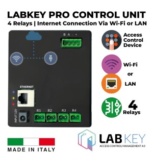 Professional Access Control and Management With The LabKey Pro Control Unit Features Four Relays. It can be connected to up to eight access control devices and manage up to four access points. It connects to the Wi-Fi or LAN network for advanced cloud-based access management.