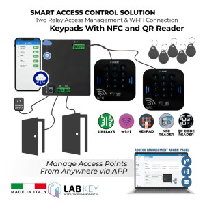 Advanced Access Control and Management Solution With Tempered Glass Keypads with NFC Reader and QR Code Scanner. The LabKey Wi-Fi Control Unit, paired with two LabKey Glass Keypad + NFC + QR Code Readers, is an elegant, sophisticated tempered-glass access control system. Staff and members can enjoy flexible entry via PIN codes, NFC tags, or QR codes. At the same time, administrators benefit from real-time access management via the admin dashboard or via the app anywhere, anytime.