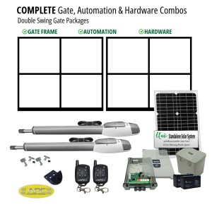 Complete Double Gate Frames, Solar Powered Gate Automation & Hardware Combos with Heavy Duty Gate Opener. Solar Double Swing Gate Packages
