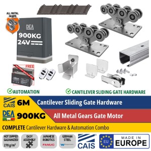6M Complete Cantilever Gate Hardware and Automation Package. Hot Dip Galvanised German Steel Cantilever Sliding Gate Hardware (Made in Europe by CAIS) and Extra Heavy Duty 900kg Sliding Gate Opener Kit | Italian Made by DEA. Automatic Gate Opener System with All-Metal Gear, Strong Sliding Gate Automation Motor, and Magnetic Limits.