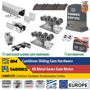8M Complete Cantilever Gate Hardware and Super Duty Sliding Gate Automation Combo Package. Hot Dip Galvanised German Steel Cantilever Sliding Gate Hardware (Made in Europe by CAIS) and Super Duty 1400kg Sliding Gate Opener Kit | Italian Made by DEA. Automatic Gate Opener System with All-Metal Gear, Strong Sliding Gate Automation Motor, and Magnetic Limits.