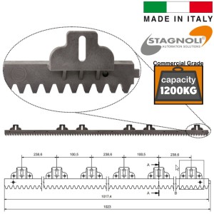 1200 KG Capacity High-Strength 1020mm Fixings Facing Upward Steel-Reinforced Nylon Gear Rack Sliding Gate Hardware for Domestic and Commercial Sliding and Cantilever Gates. Made in Italy by Stagnoli