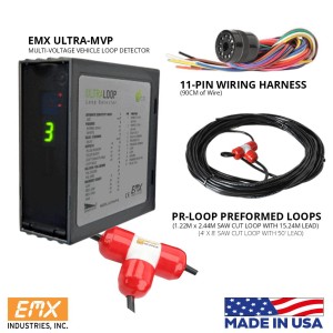 Vehicle Loop Detector with Connection 11-Pin Socket Mount–Male and 122x243cm Saw-Cut Vehicle Detector Preformed Loop Ready to Use Solution for Fast and Easy Loop installation (15-Meter Wire) | Multi-Voltage(with a 12VDC to 240VAC input range), Direct Wire, Single Channel, Dual Relay Vehicle Loop Detector EMX-ULTRA-MVP |  122x243cm Saw-Cut Vehicle Detector Loop With 15-Meter (50FT) Wire Lead-In EMX-PR-4x8-50 | Vehicle Detection Safety Loop | Made in USA
