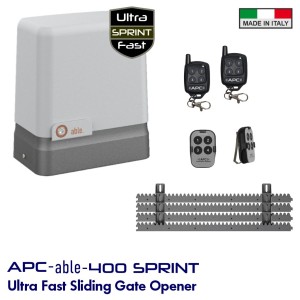 Italian-Made High Speed 400KG Sliding Gate Opener Kit | APC-able-400SPRINT Sliding Gate Automation, High-Efficiency 24V Sliding Gate Motor with Remote Controls. Magnetic Limit Switches For Gate Opening and Closing — Fast. Quiet. Smart. Eco-Certified. Engineered for energy savings, safety, easy installation and fast operation.