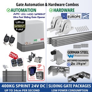 400KG Italian-Made High Speed Sliding Gate Opener and European Made Premium Hardware, Complete Sliding Gate Automation Kit. Includes APC-able-400SPRINT Sliding Gate Automation, High-Efficiency 24V Sliding Gate Motor, Remotes, Retro Reflective Safety Sensor, Wireless Access Controller, Gate Track and European Sliding Gate Hardware Base Kit. Engineered for energy savings, safety, easy installation and fast operation.