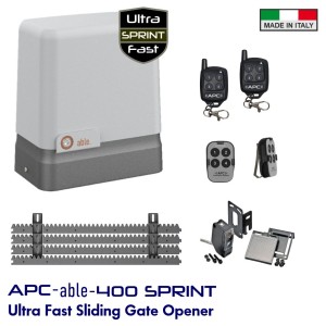 400KG Italian-Made High Speed Sliding Gate Opener Trade Kit | APC-able-400SPRINT Sliding Gate Automation, High-Efficiency 24V Sliding Gate Motor with Remote Controls and Safety Sensors. Magnetic Limit Switches For Gate Opening and Closing — Fast. Quiet. Smart. Eco-Certified. Engineered for energy savings, safety, easy installation and fast operation.