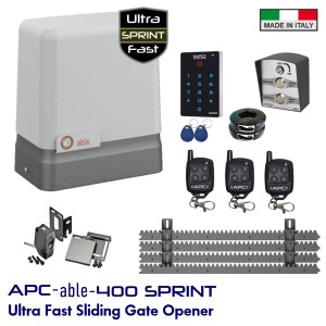 400KG Italian-Made High Speed Sliding Gate Opener Super Kit | APC-able-400SPRINT Sliding Gate Automation, High-Efficiency 24V Sliding Gate Motor with Remote Controls, Reflective Safety Sensor, Keypad and Exit Button. Magnetic Limit Switches For Gate Opening and Closing — Fast. Quiet. Smart. Eco-Certified. Engineered for energy savings, safety, easy installation and fast operation.