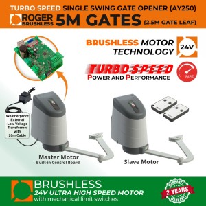 24V Brushless Articulated Arm Double Swing Gate Automation System with Built-in Control Board, Adjustable Stops and Weatherproof External 24V Transformer and 20m Low Voltage Cable | 100% Italian Made by Roger Technology AYRON Series Ultra High-Speed Gate Opener. | Max. 5m Opening (2.5m/260kg Each Leaf)| 100% Duty Cycle