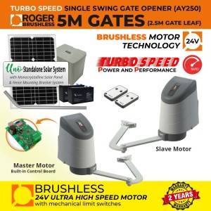 24V Solar Powered Brushless Double Swing Gates Articulated Arm Gate Automation System with APC UNO Standalone Complete Solar Power System and Articulated Arm | 100% Italian Made by Roger Technology AYRON Series Ultra High-Speed Gate Opener. | Max. 5m Opening (2.5m/260kg Each Leaf)| 100% Duty Cycle