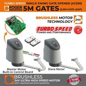 Ultra High-Speed Double Swing Gate Automation System with Built-in Control Board in Master Swing Gate Motor, and Adjustable Stops for Opening and Closing of the Gates | 24V Brushless Ultra Fast Articulated Arm Gate Opener, Made in Italy by Roger Technology. | Max. 5m Opening (2.5m/260kg Each Leaf) | 100% Duty Cycle