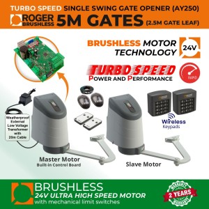 24V Brushless Double Swing Gate Opener Secure Access Control Kit with Articulated Arm System with Built-in Control Board, Secure Dual Entry and Exit Wireless Keypads and Weatherproof External 24V Transformer (20m Low Voltage Cable)  | 100% Italian Made by Roger Technology AYRON Series Ultra High-Speed Gate Opener. | Max. 5m Opening (2.5m/260kg Each Leaf)| 100% Duty Cycle