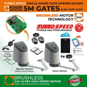 24V Brushless Articulated Arm Double Swing Gate Opener WiFi Smart APP Access Control Kit with Built-in Control Board in Master Swing Gate Motor, and Adjustable Stops for Opening and Closing of the Gate, Secure WiFi Keypad and Weatherproof External 24V Transformer (20m Low Voltage Cable) | 100% Italian Made by Roger Technology AYRON Series Ultra High-Speed Gate Opener. | Max. 5m Opening (2.5m/260kg Each Leaf)| 100% Duty Cycle