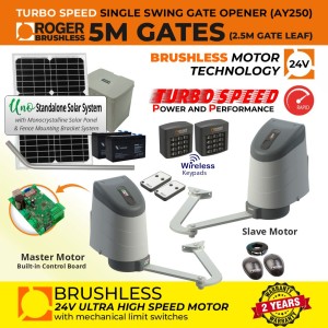 24V Solar Powered Brushless Articulated Arm Double Swing Gate Opener Secure Access Control Kit with Built-in Control Board, Secure Dual Entry and Exit Wireless Keypads and APC UNO Standalone Complete Solar Power System. | Max. 5m Opening (2.5m/260kg Each Leaf)| 100% Duty Cycle