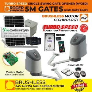 24V Solar Powered Brushless Articulated Arm Double Swing Gate Opener GSM Intercom Access Control Kit with Built-in Control Board, APC PHONIC4 GSM Audio Intercom Doorbell and APC UNO Standalone Complete Solar Power System | 100% Italian Made by Roger Technology AYRON Series Ultra High-Speed Gate Opener. | Max. 5m Opening (2.5m/260kg Each Leaf)| 100% Duty Cycle