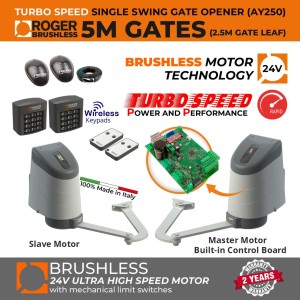 Ultra High-Speed 24V Brushless Double Swing Gate Opener Secure Access Control Kit with Articulated Arm System with Built-in Control Board and Adjustable Stops for Opening and Closing of the Gates, Secure Dual Entry and Exit Wireless Keypads | 24V Brushless Ultra Fast Articulated Arm Gate Opener, Made in Italy by Roger Technology. | Max. 5m Opening (2.5m/260kg Each Leaf) | 100% Duty Cycle