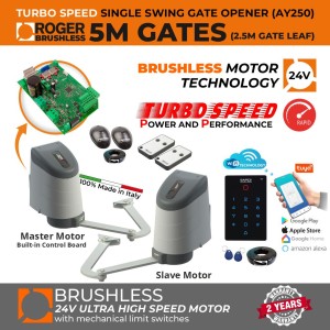 Ultra High-Speed Double Swing Articulated Arm Gate Automation System WiFi Smart APP Access Control Kit with Built-in Control Board in Master Swing Gate Motor, and Adjustable Stops for Opening and Closing of the Gates, Secure WiFi Keypad and Safety Sensors | 24V Brushless Ultra Fast Articulated Arm Gate Opener, Made in Italy by Roger Technology. | Max. 5m Opening (2.5m/260kg Each Leaf) | 100% Duty Cycle