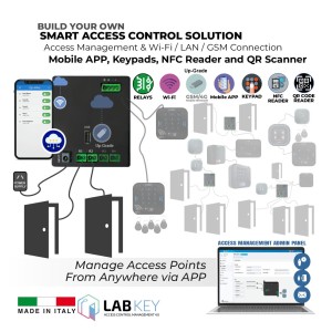 Build Your Own Advanced Wi-Fi Access Control and Management Solution with Wi-Fi or GSM 4G/LTE Network(Upgrade) connectivity and an advanced, cloud-based access management tool. To control all required access points in a single solution. Made in Italy by LabKey | This solution uses control devices and a mobile app for access; it is not suitable for wireless control devices.