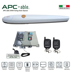 Automatic Electric Gate Opener Kit with Italian-Made APC-able-2000 Swing Gate Motor, Italian-Made Simply 24 Universal Control Box, 24V External Transformer and 20m Low Voltage Cable. 24V Low Voltage Swing Gate Automation System with Remote Controls.
