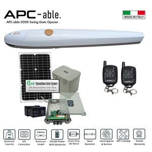 Solar Electric Automatic Single Swing Gate Opener Kit. Italian-made APC Able 2000 linear actuator, a feature-rich Logico control box, and remote controls. This solar-powered gate automation system includes a 9Ah battery, an Uno 24V battery box, a built-in solar regulator, and a 2-meter cable lead.