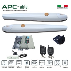 Double Swing Gate Opener Kit with Italian-Made APC-able-2000x2 Swing Gate Motor, Italian-Made Simply 24 Universal Control Box, 24V External Transformer and 20m Low Voltage Cable. 24V Low Voltage Swing Gate Automation System with Remote Controls for Double Swing Driveway Gates.