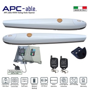 Double Swing Gate Opener Kit with Italian-Made APC-able-2000x2 Swing Gate Electric Motor. 24V Double Swing Gate Automation System with Remote Controls For Double Driveway Gates - Max. 2M or 250KG per Gate Leaf.