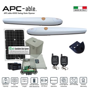 Solar Electric Automatic Double Swing Gate Opener Kit. Italian-Made APC-able-2000x2 Linear Actuator, a Feature-Rich Logico Control Box, and Remote Controls for Double Swing Driveway Gate Automation. This solar-powered gate automation system includes 2 x 9Ah batteries, Uno 24V battery box, a built-in solar regulator, and a 2-meter cable lead.
