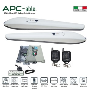 Build Your Own Remote Control Gate Opener Kit with Italian-made APC Able LNM3000x2 Heavy-Duty Linear Actuators. Double Swing Automatic Opening/Closing Driveway Gates 24V Low Voltage System for Max 6m Gates (3m or 600kg for Each Gate) With Adjustable Built-In Stop and External Transformer with 20m Low Voltage Cable. APC Gate Automation Systems for Australian homes are built to withstand harsh conditions, with local support and warranty.