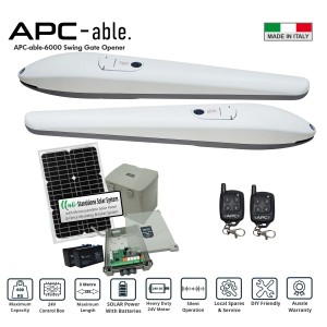 Build Your Own Solar-Powered Double-Swing Gate Opener Kit for Gates up to 6m (3m or 600kg per gate), with Adjustable Built-In Stop. Italian-made APC Able 3000x2 Heavy-Duty Linear Actuators and APC Uno Standalone Solar Power System. Double-Swing Remote-Control Driveway Gates with Automatic Opening/Closing and 24V Solar-Powered Gate Automation Systems for Australian homes are built to withstand harsh conditions and include local support and warranty.